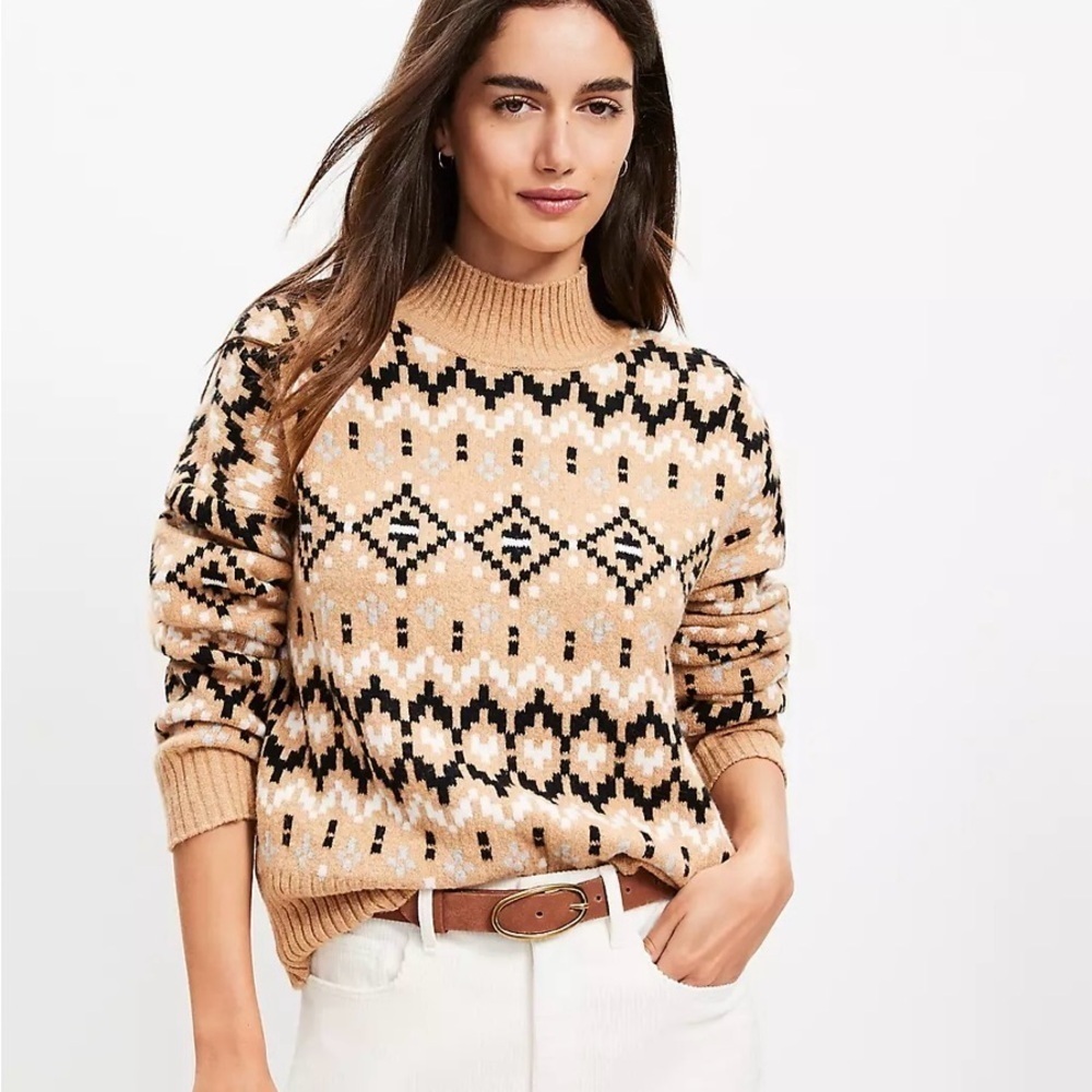 LOFT Tan and Black Patterned Turtleneck Sweater
